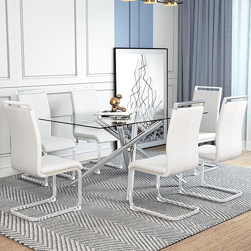 Miniatura 6 de Ebullient Juego de mesa de comedor de cristal de 63 pulgadas para 6 modernas mesas de comedor de vidrio templado con 6 sillas de comedor de piel