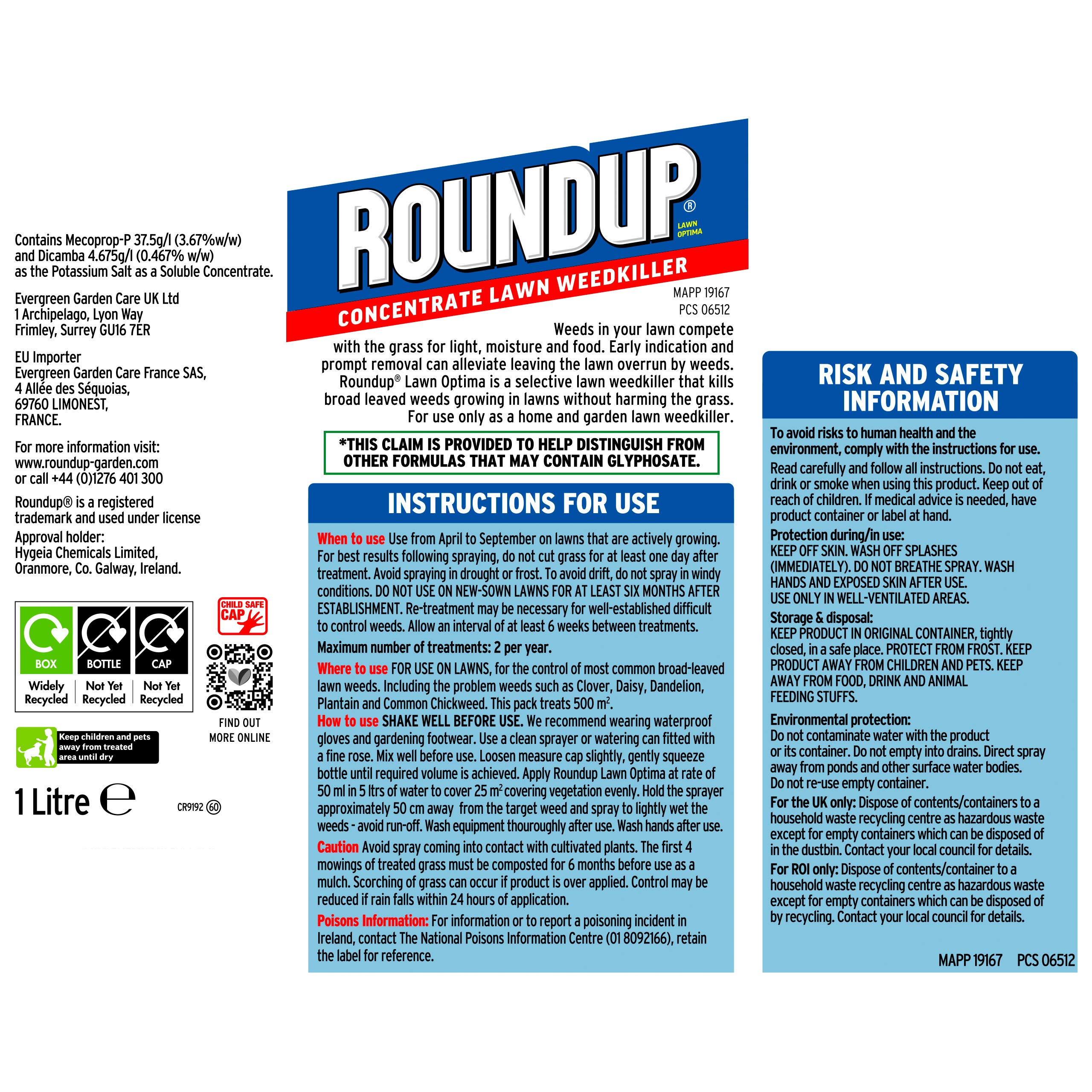 Roundup 119945 Powerful Lawn Weed Killer GlyphosateFree CONCENTRATE 1 Litre, Blue Buy