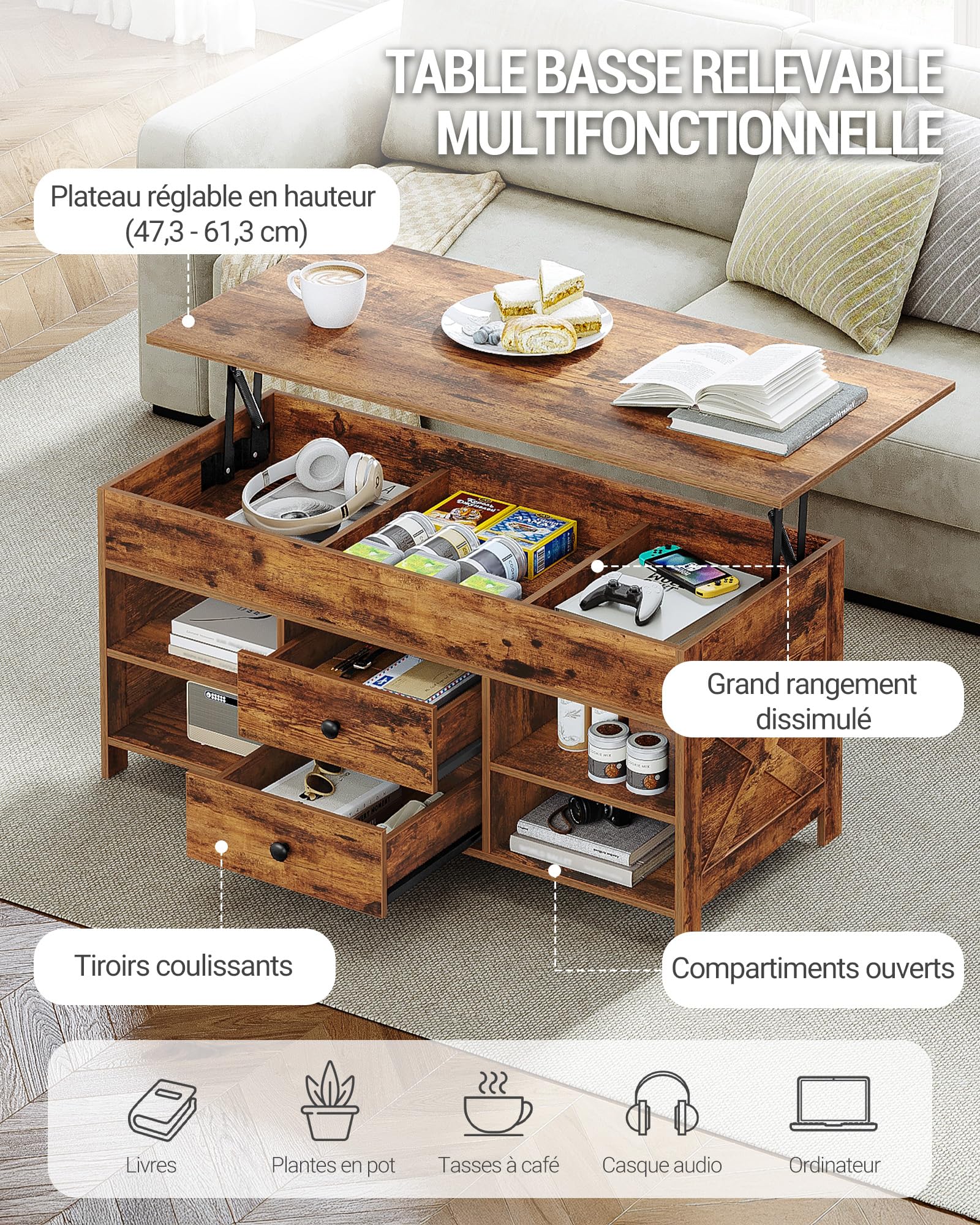 Hzuaneri Table Basse, Table de Salon avec Plateau Relevable, 2 Tiroirs et Espace de Rangement Caché, 50 x 100 x 47,3-61,3 cm, pour Salon, Salle à Manger, Bureau, Marron Rustique et Noir CT22101B | 50 x 100 x 45-61,3 cm Table basse avec 2 tiroirs de rangem