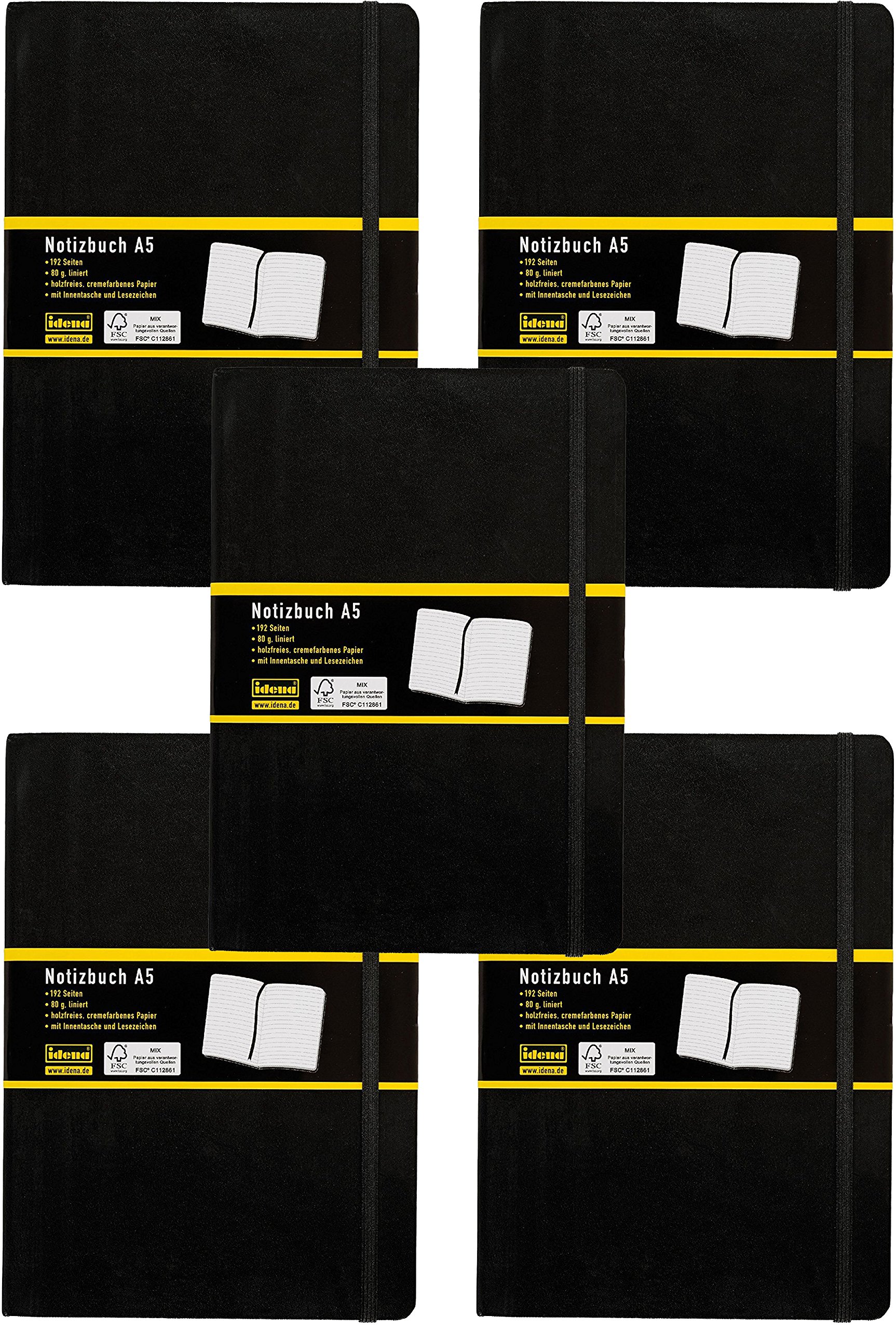 Idena 209284 Notebook, 192 Pages, 80 g/m, Black (DIN A5, Pack of 5, Lined)