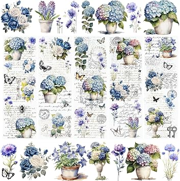 WANDIC 5 Sheets Rub On Transfer Stickers Vintage Blue Floral Decals Waterproof Stickers Furniture Windows Craft Decals for Home Office,11.8 * 3.9in