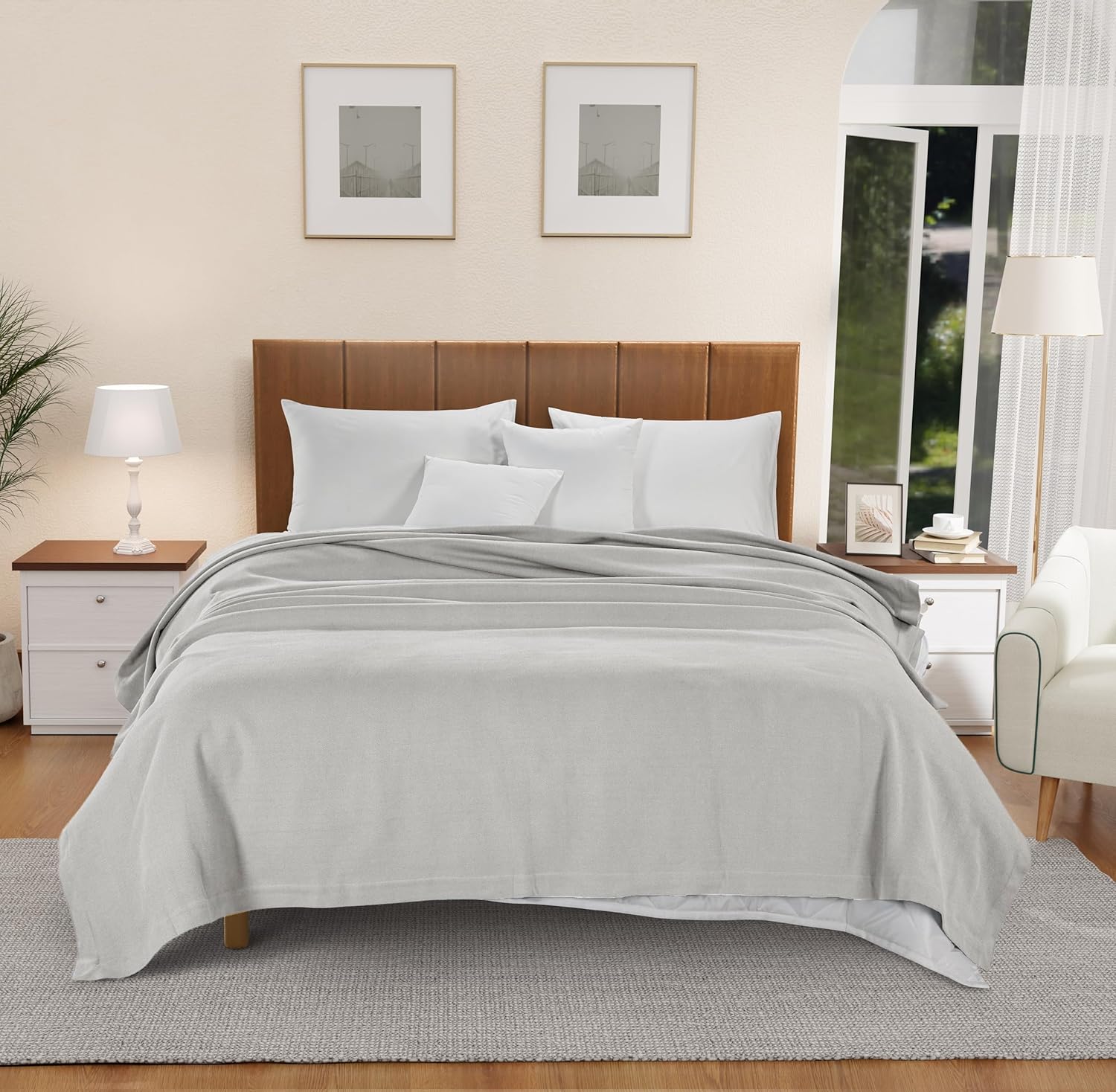 LANE LINEN Blankets King Size 100% Cotton Bed Blanket - Oversized, Soft & Thick Blanket for Year-Round Use (90"x108") - Perfect for Reading in Bed, Watching TV, Afternoon Naps & Relaxing - Silver