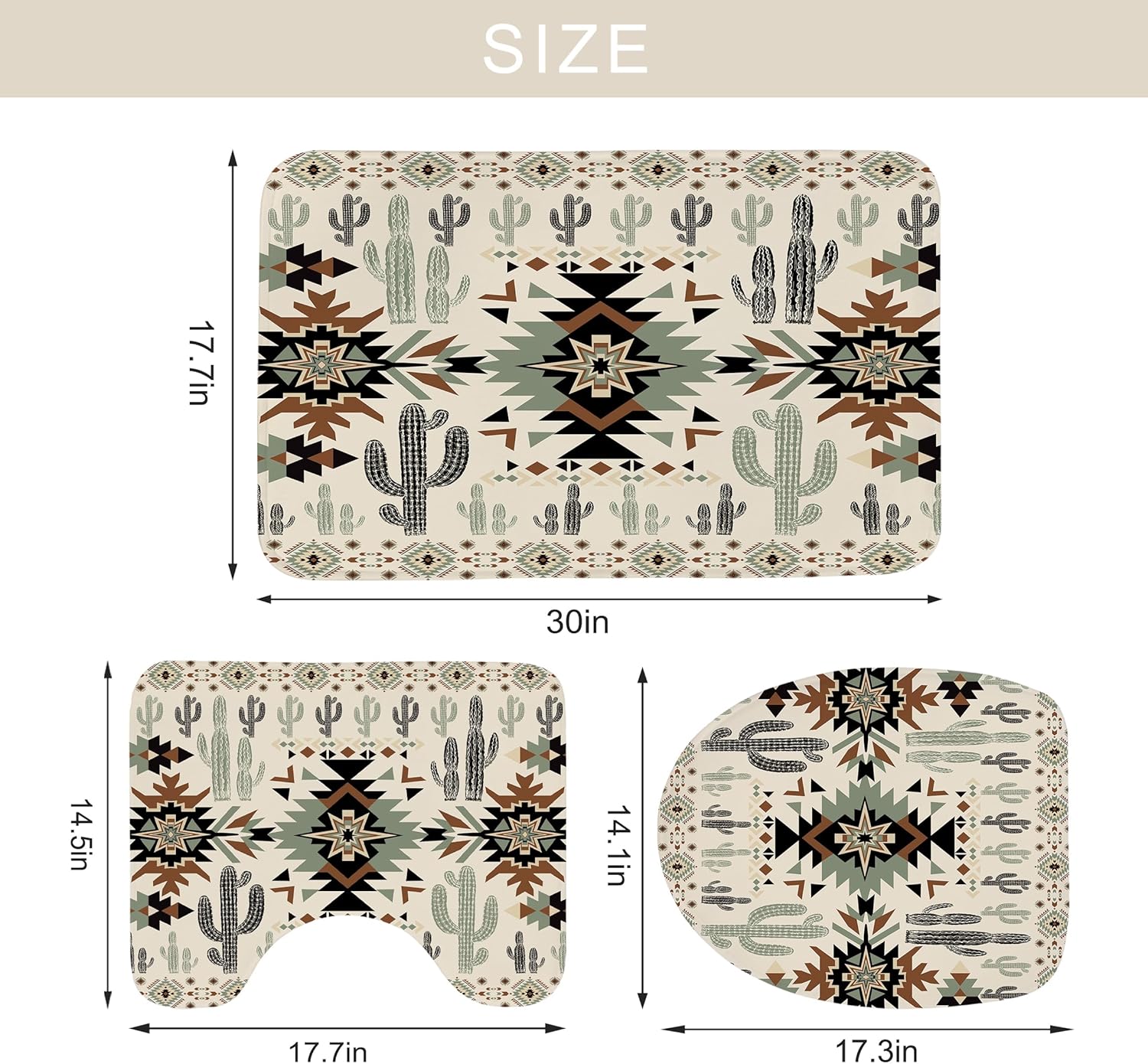 Newsely 4Pcs Western Aztec Cactus Shower Curtain Set with Non-Slip Rugs, Toilet Lid Cover and Bath Mat, Abstract Geometric Shower Curtain with 12 Hooks, Southwestern Bath Curtain for Bathroom Decor