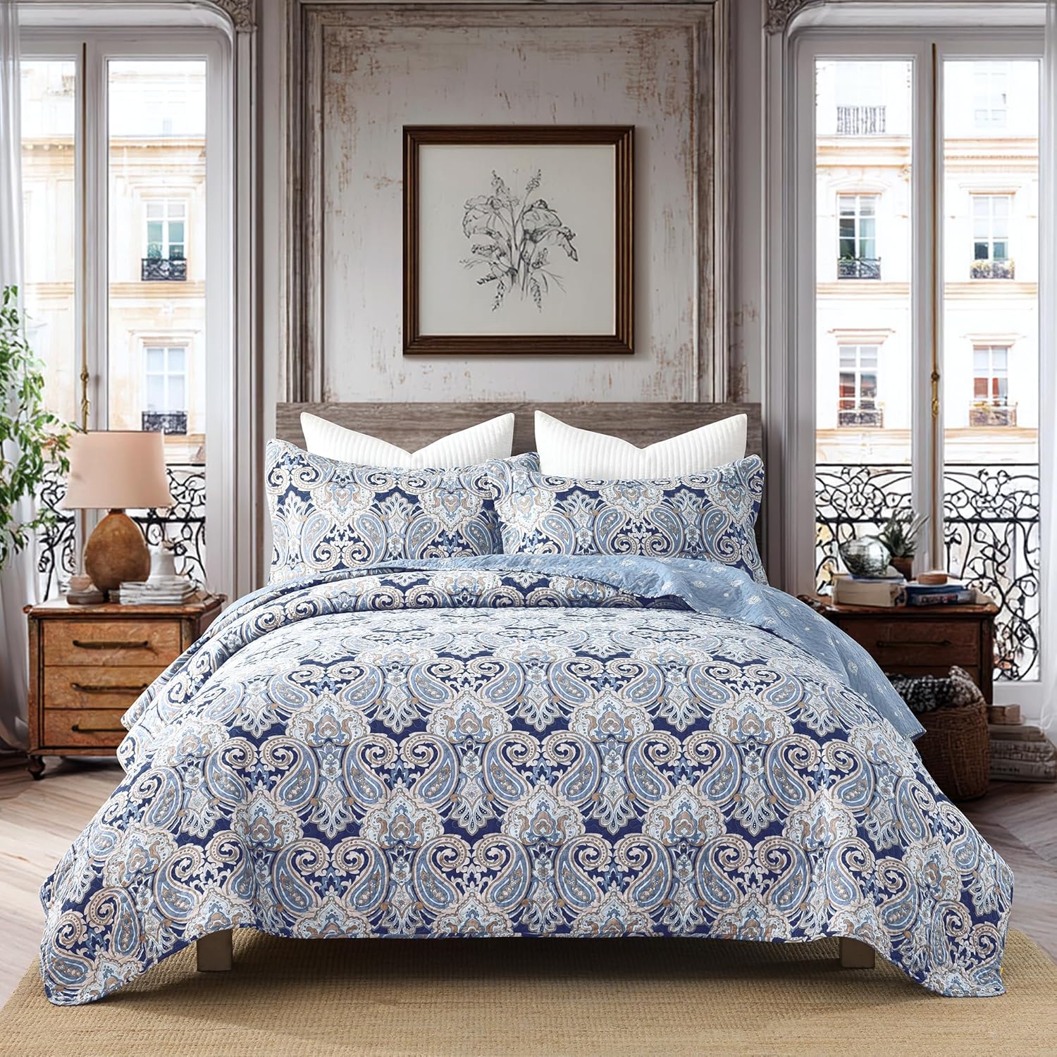Navy Blue Paisley Quilt Set King Size - 100% Cotton Lightweight Quilts - Reversible Elegant Damask Floral Bedspreads for All-Season - 3 Piece, Navy/Blue/Taupe | Soft & Breathable, Vintage Decor