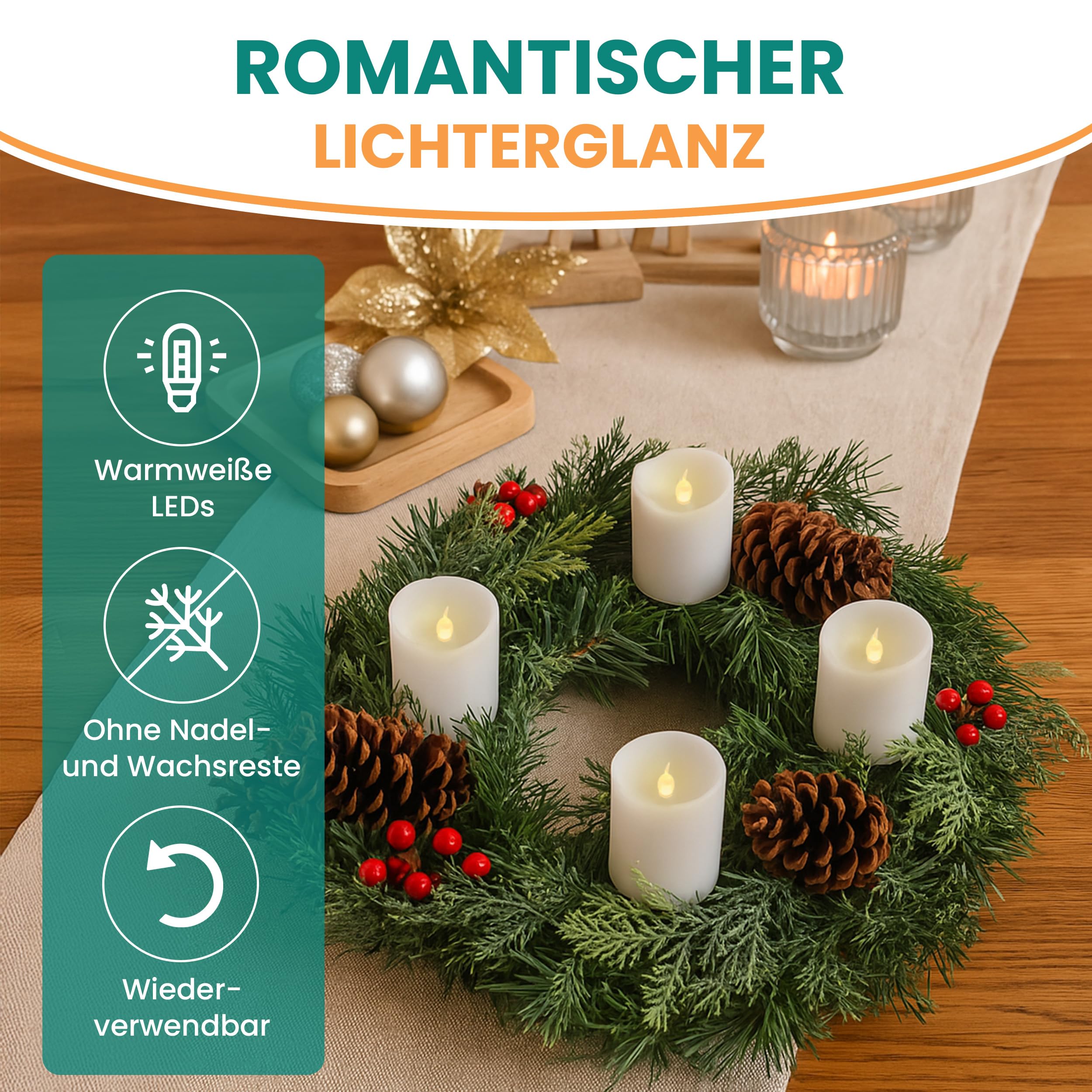 Gartenpirat Künstlicher Weihnachtskranz Ø 40 cm mit 4 LED-Kerzen Adventskranz geschmückt mit Zapfen und roten Beeren