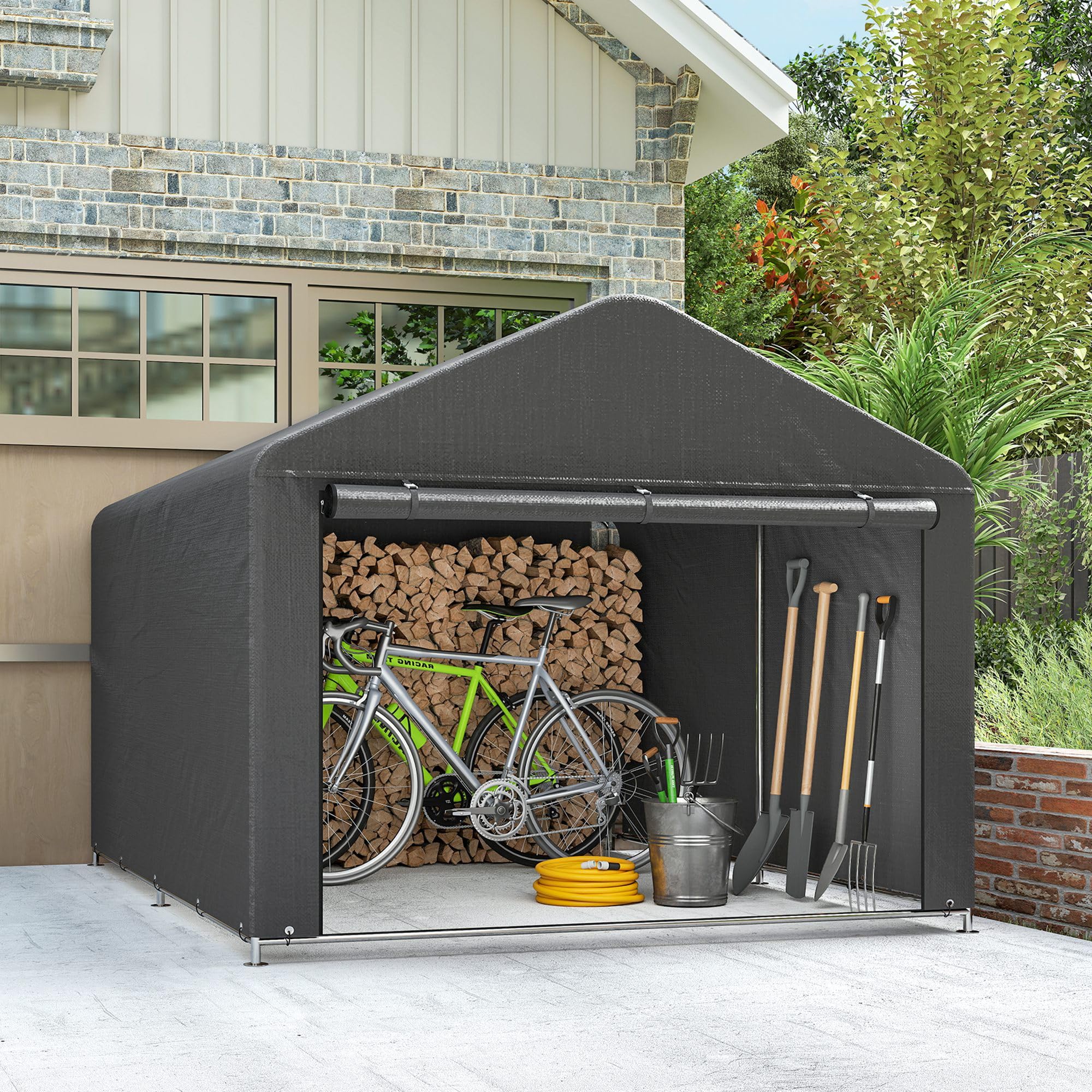 Outsunny 6.6x7.8ft Cobertizo jardín Impermeable Gris Oscuro | Tienda bici, puerta enrollable cremallera, marco metal galvanizado, cobertizo portátil para moto, herramientas
