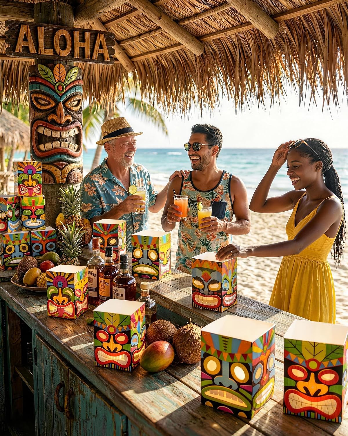 16Pcs Hawaiian Luau Party Decorations, Tiki Totem Box Decor with Lights for Tropical Birthday, 7.9" Lighted Tiki Bar Decor for Outdoor Patio Porch, Survivor Themed Party Supplies Aloha Party