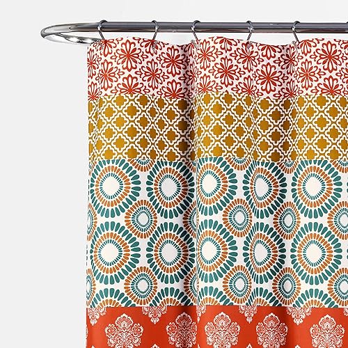 Miniatura 2 de Lush Decor Cortina de ducha con rayas bohemias, 72 pulgadas de ancho x 84 pulgadas de largo, turquesa y naranja