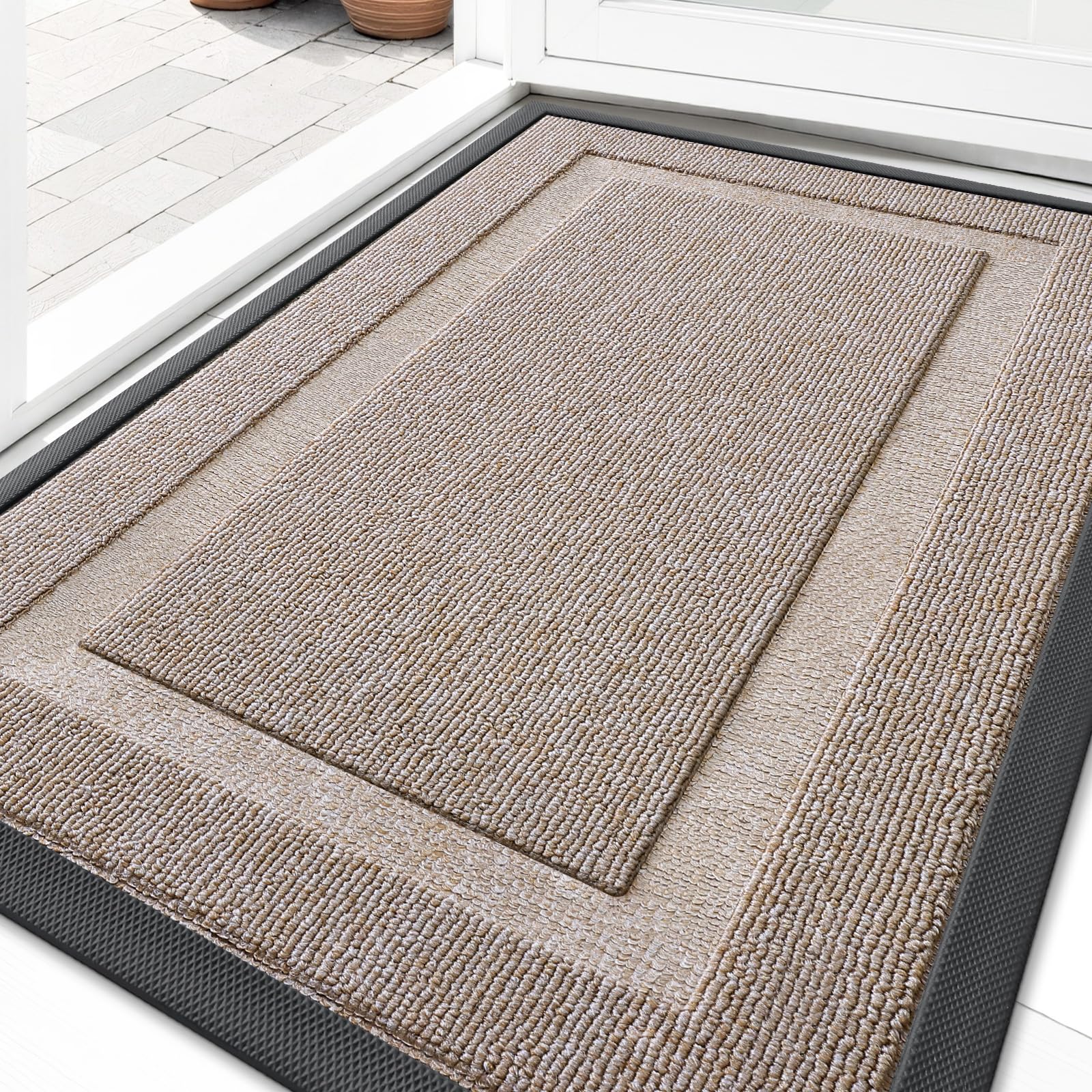 OLANLY Front Door Mat Outside 33x21, All-Season Heavy-Duty Rubber Doormat | Camel, Absorbent, Stain and Fade Resistant, Waterproof Non-Slip Backing, Low-Profile Indoor Outdoor Floor Mat for Entryway