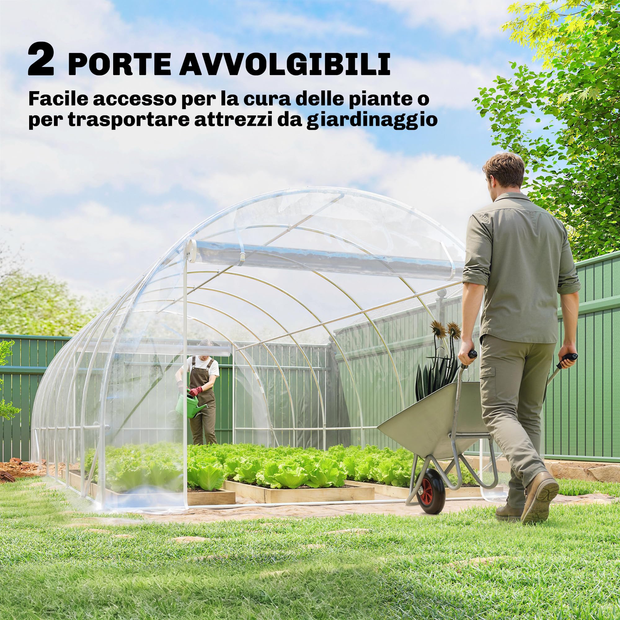 Outsunny Serra da Giardino a Tunnel 3x6x2 m con 2 Porte Avvolgibili, Serra per Orto con 4 Rinforzi Diagonali, Struttura in Acciaio e Copertura PE, per Orto Verdure Fiori Frutta, Anti UV, Trasparente