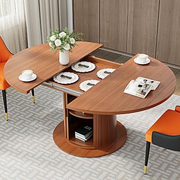 47"-63" Extendable Round-to-Oval Dining Table with Double-Layer Hidden Storage, Fluted Cylindrical Base and Sliding Doors, Modern Farmhouse Kitchen Table for Dining Room or Office, Brown