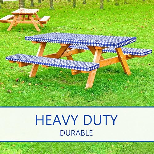 Miniatura 3 de LINPRO Funda de mesa de picnic de 6 pies con fundas de banco, cubiertas de vinilo ajustables para mesa de picnic con artículos esenciales de
