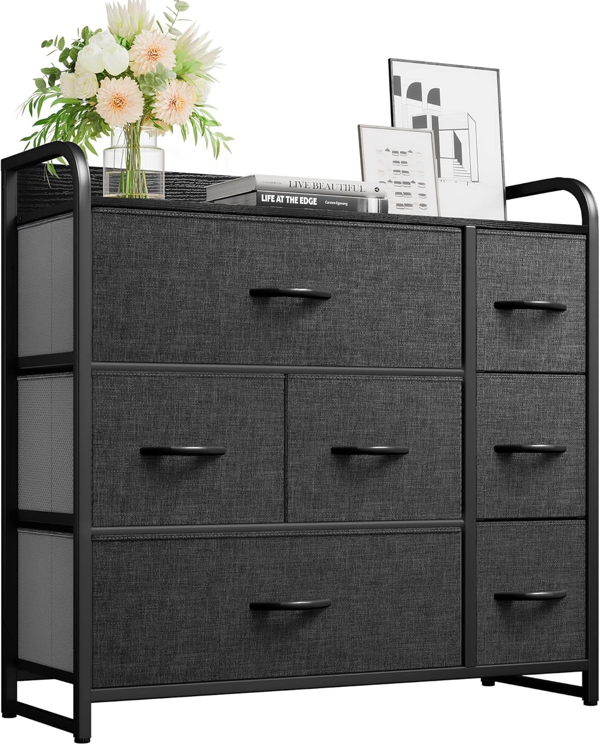 YITAHOME Fabric Dresser with 7 Drawers, Storage Tower with Large Capacity, Organizer Unit for Bedroom, Living Room & Closets Black Grey 7-Drawer