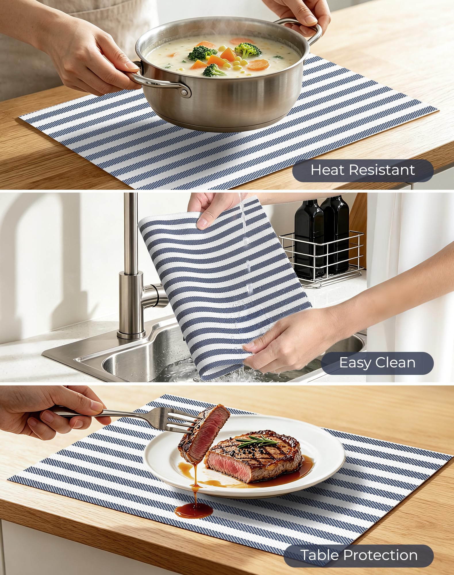 Leetaltree Lot de 8 sets de table en vinyle tissé à rayures bleues et | Sets de table faciles à nettoyer, imperméables, résistants à la chaleur, faciles à nettoyer, adaptés pour une utilisation en