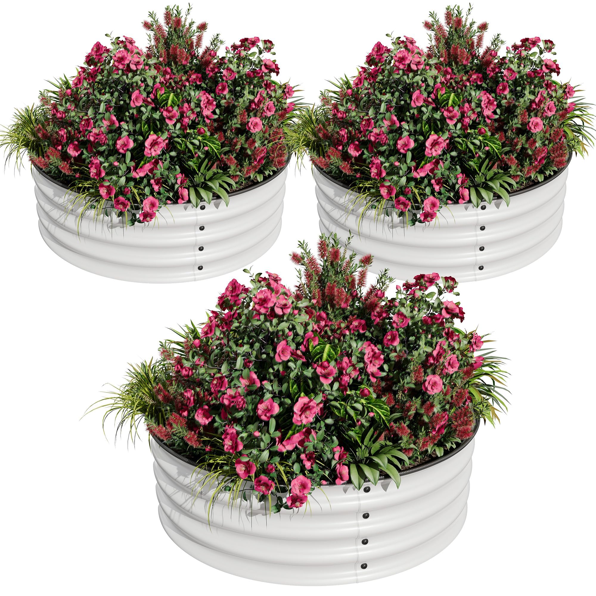 Garvee 3pcs Bac De Culture Surélevé Rond en Métal Galvanisé, Antirouille Et Anticorrosion, Bord Sécurisé en Caoutchouc, Idéal pour Légumes, Fruits Et Fleurs sur Balcon