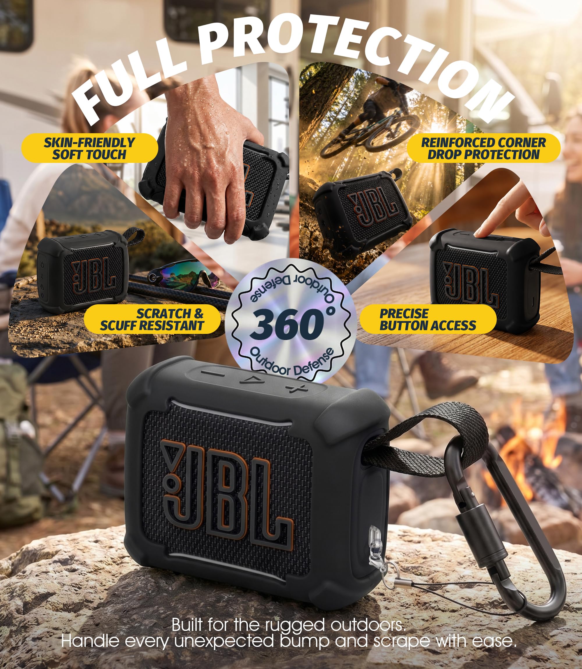 NEWZEROL Silikon Schutzhülle Kompatibel mit JBL Go 5 Bluetooth Lautsprecher, 4-Ecken Stoßfest mit Karabiner und Lanyard Staubstopfen, Leicht, Anti-Drop Schwarz