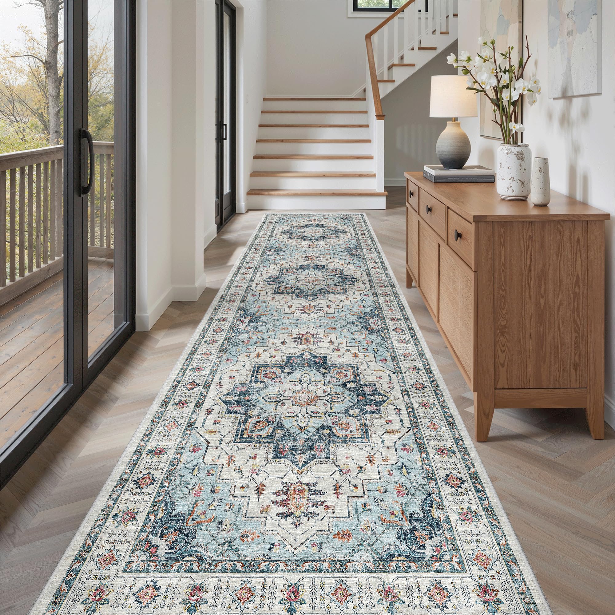 Madane Hallway Runner Rug 3x10 Washable Kitchen Runners 10ft, Blue | Vintage Non-Slip Entryway Area Rugs Indoor, Soft Low-Pile Farmhouse Wide Floor Carpet for Bathroom Living Room Bedroom Foyer