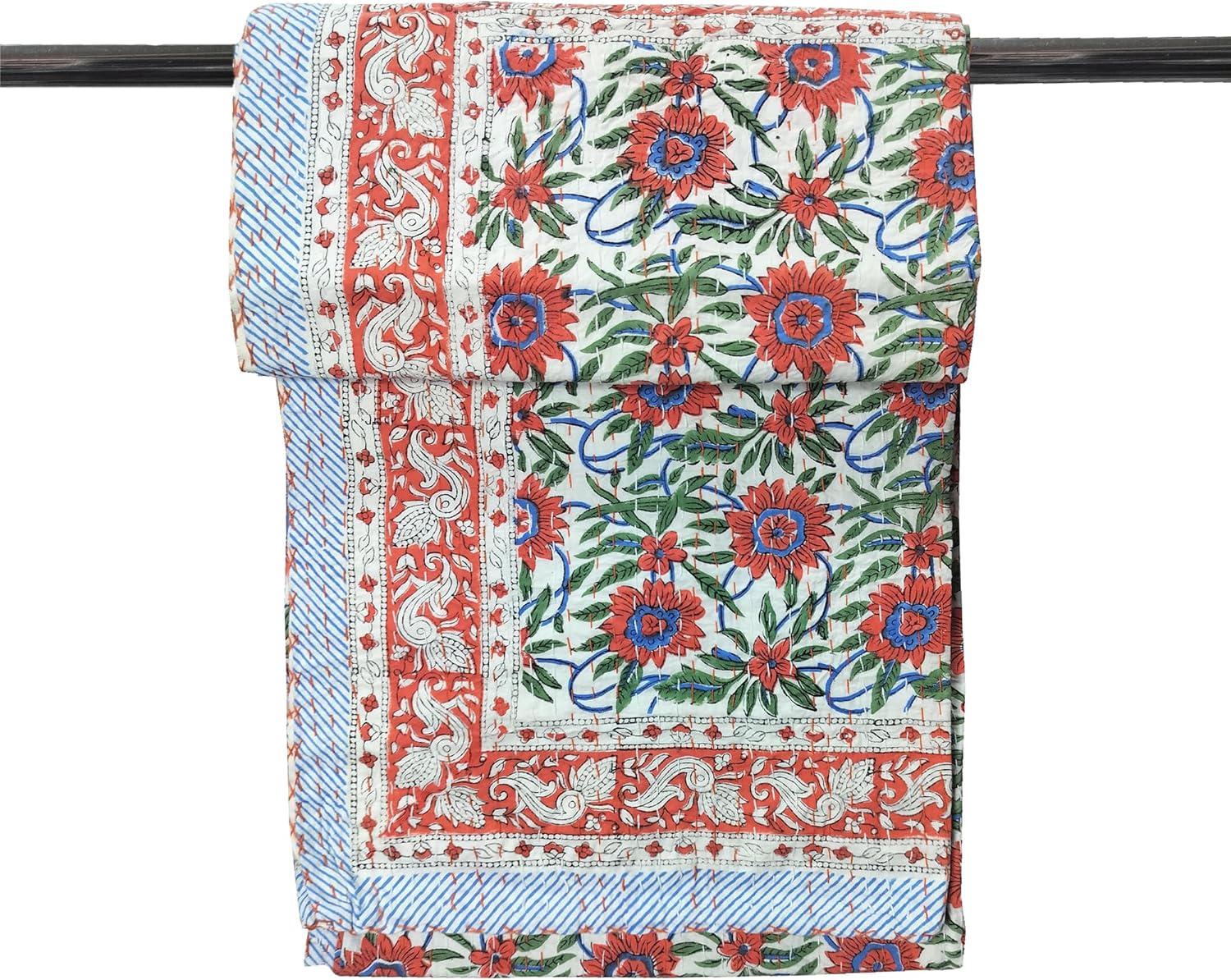 kanthaNtapestryart Indian Hand Block Print Kantha Quilt Cotton Kantha Throw Blanket Indian Bedspread Kantha Bed Cover Queen Size Quilt Throw Sofa Coverlet (King/Queen Size 90x108 Inch)