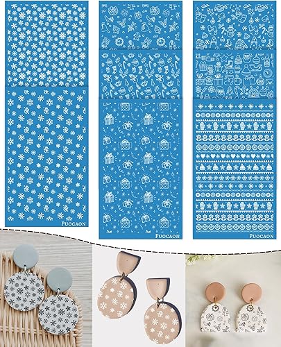 Puocaon Pantalla de seda de arcilla de Navidad, 8 plantillas de pantalla de seda para suéter para joyas de arcilla polimérica, ciervo, copo de