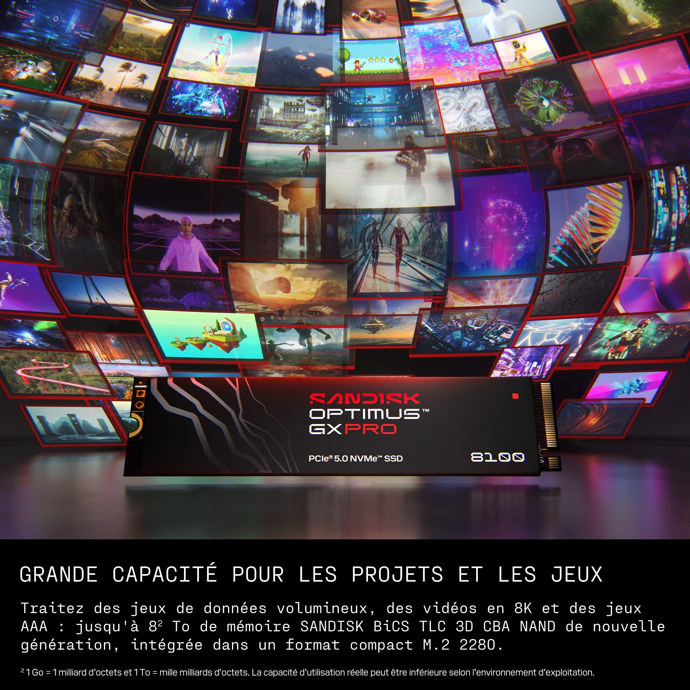 SANDISK Optimus GX Pro 8100 PCIe Gen 5 NVMe SSD 2 to (Jusqu’à 14 900/14 000 Mo/s Vitesses de Lecture/écriture, TLC 3D CBA NAND, Jusqu’à 1 200 ToW)