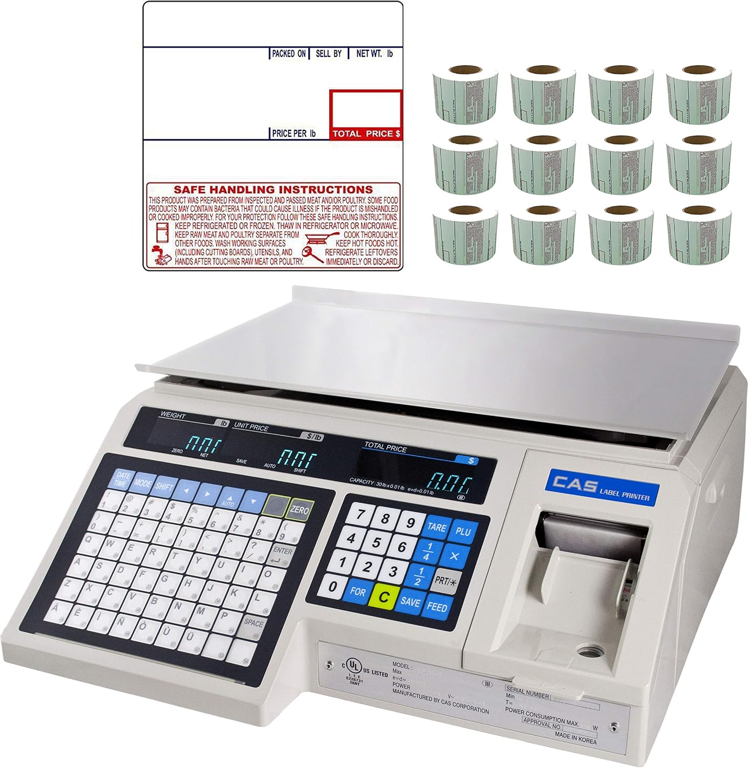 CAS LP-1000N Label Printing Scale Legal for Trade , 30 x 0.01 lb with a FREE 1 case CAS LST-8040 UPC/Safe Handling Label, 58 x 60 mm