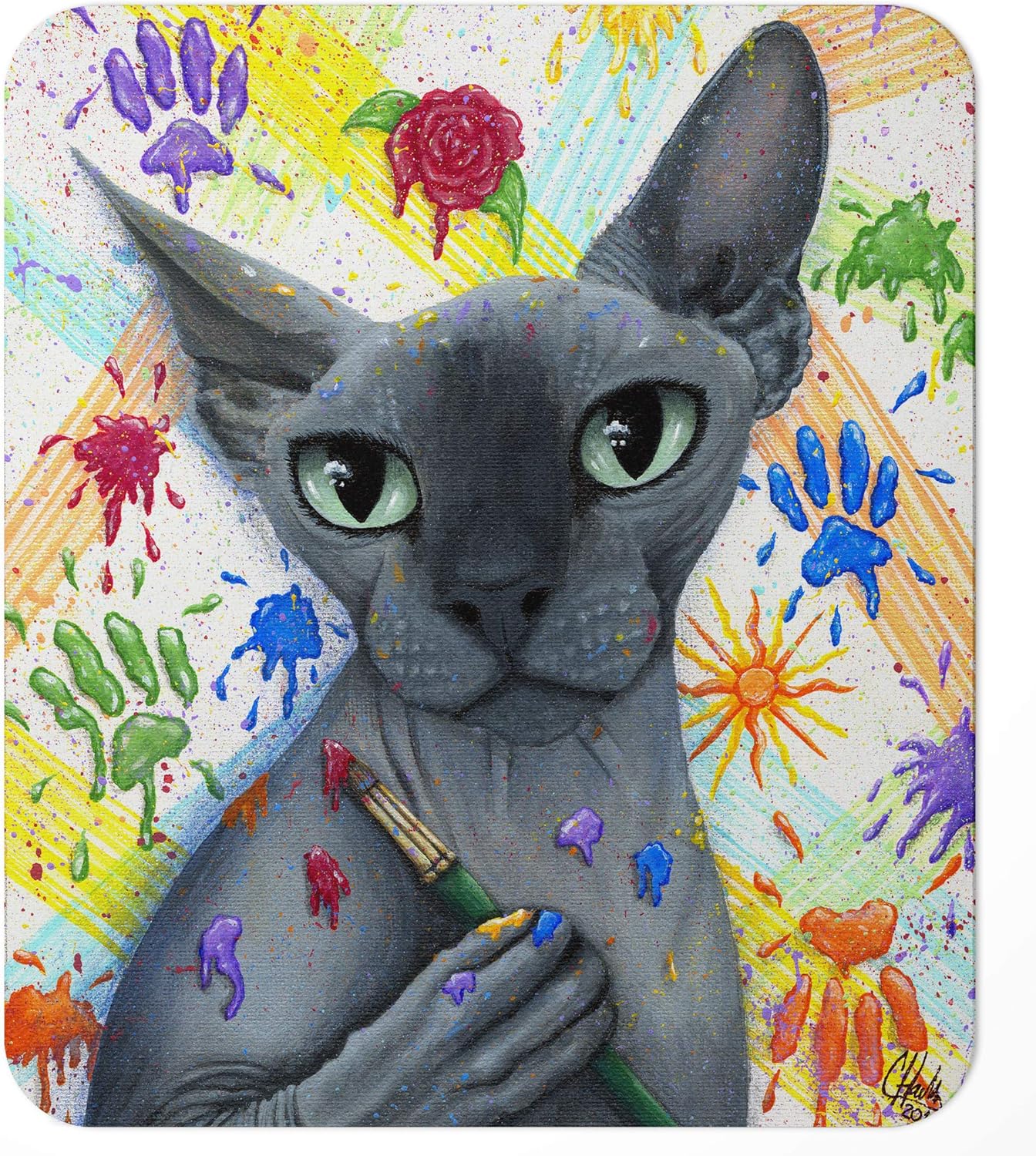 Hairless Cat Mousepad/Sphynx Kitty/Carrie Hawks/TIgerpixie/Rainbow Paw Prints/Rubber Mouse Pad / 7.75x9.25 inches