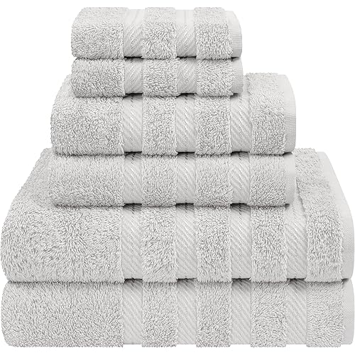 American Soft Linen Luxury 6 Piece Towel Set, 2 Bath Towels 2 Hand Towel 2 Washcloths, 600 GSM 100% Cotton Turkish Towels for Bathroom, Silver Grey Towel Sets