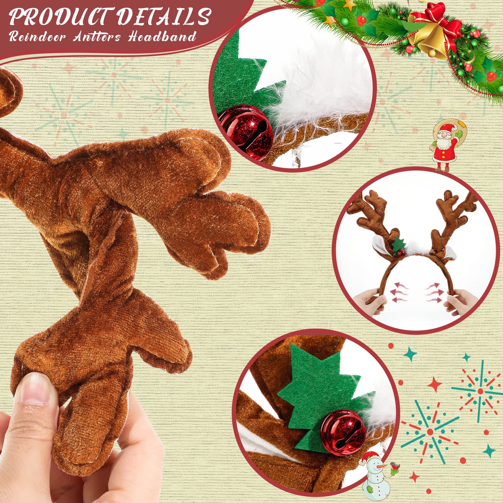 Zubebe 6 Pcs Christmas Reindeer Antlers Headband Cute Deer Antler Ears Headband with Bells Lighted Party Favor for Adult Kids(Dark Coffee, Tan, Classic)