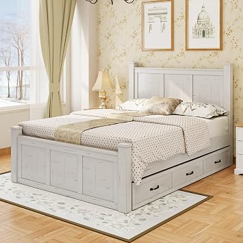 Farmhouse Style Wood Panel Bed Frame Four Square Poster Bed with Three Storage Drawers,King, Ancient White