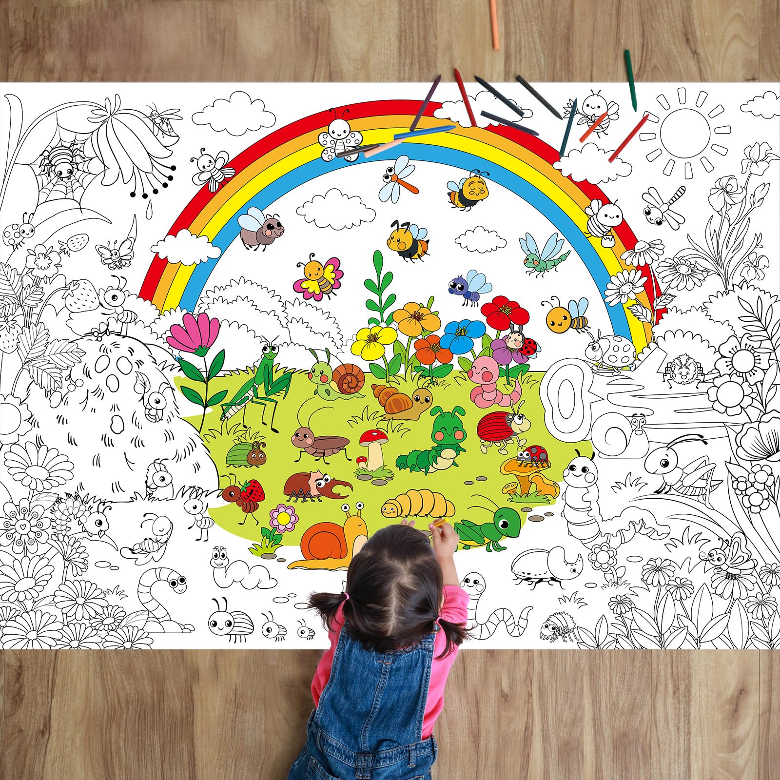 Naozinebi Bug Garden Coloring Poster for Kids Spring Giant Coloring Poster Large Bugs Coloring Tablecloth Jumbo Coloring Books for Kids Classroom Home Birthday Party Supplies Favor