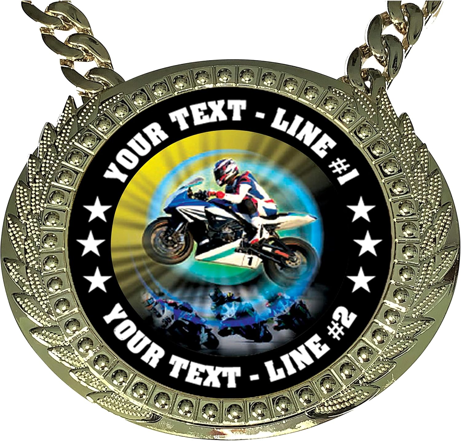 Express Medals Custom Motorcycle Race Champ Chain Trophy with 2 Lines of Personalized Text on a Large Rigid Plastic Award Medal and 34 Inch Long Gold Color Neck Chain. MY479
