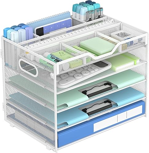 Miniatura 13 de Docnest Bandeja de papel de 3 niveles, organizador de escritorio de malla metálica con asa, soporte para bolígrafo integrado, almacenamiento de 3