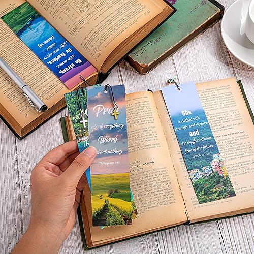 Miniatura 4 de 20 marcadores de páginas motivacionales con versículos bíblicos motivacionales y positivos con colgantes de cruz para suministros de iglesia,