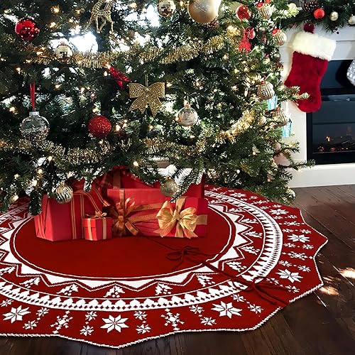 Miniatura 8 de OurWarm Falda de árbol de Navidad de 60 pulgadas, falda de árbol de punto rojo con patrón de flor de pascua, falda rústica de doble cara para árbol