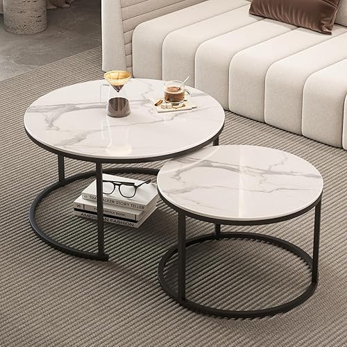 Coffee Tables for Living Room, White Modern Decorative Coffee Center Table Set of 2, Sintered Stone Top & Sturdy Metal Base,for Living Room, Bedroom, Apartment