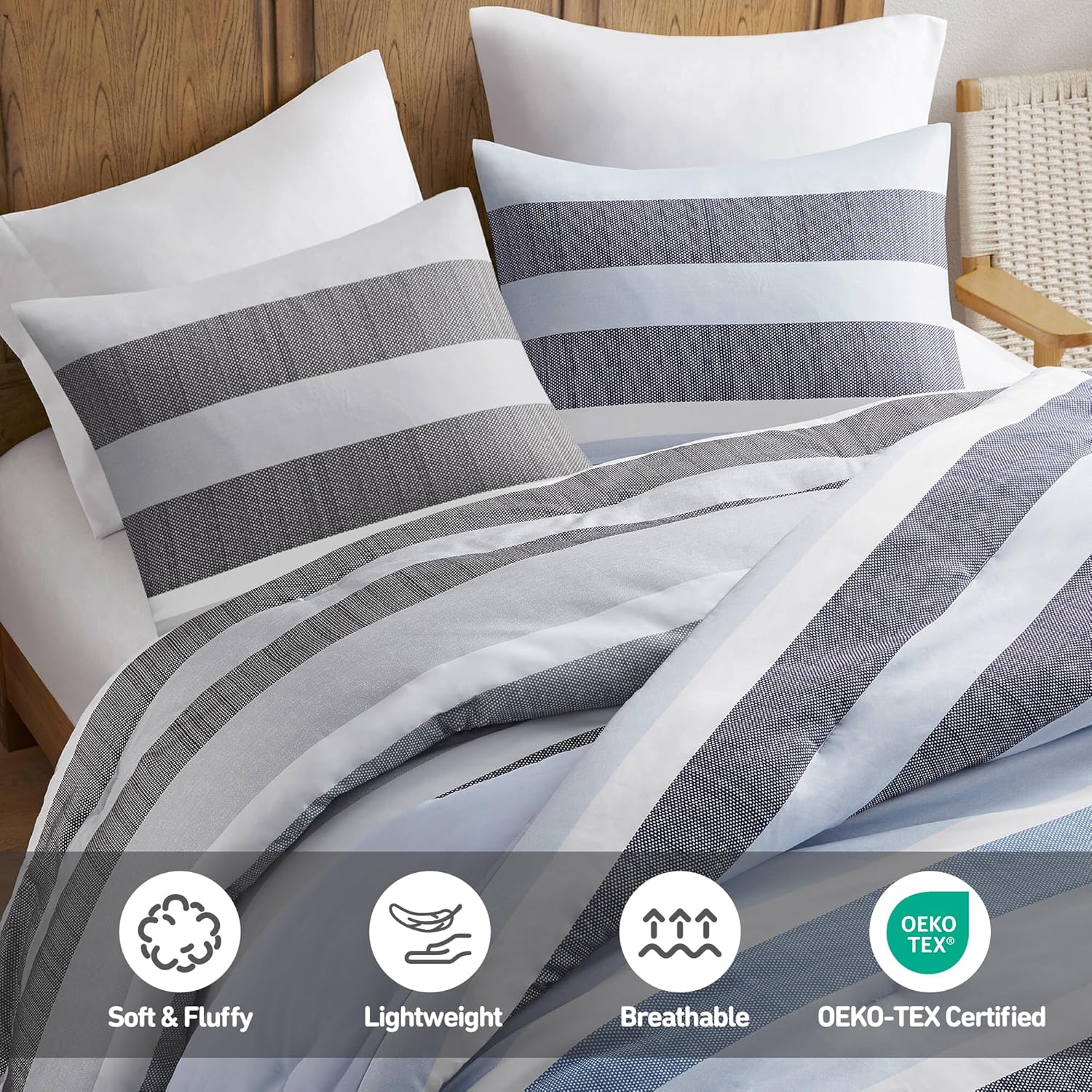 Queen Comforter Set, 3 Pieces Striped Bed Set, Soft Brushed Microfiber Reversible Bedding Set for All Season, Lightweight & Breathable Bedding Set with Comforter & Shams, Navy/Blue Navy Blue Queen image 7 of 9 B0F1CLNXRM