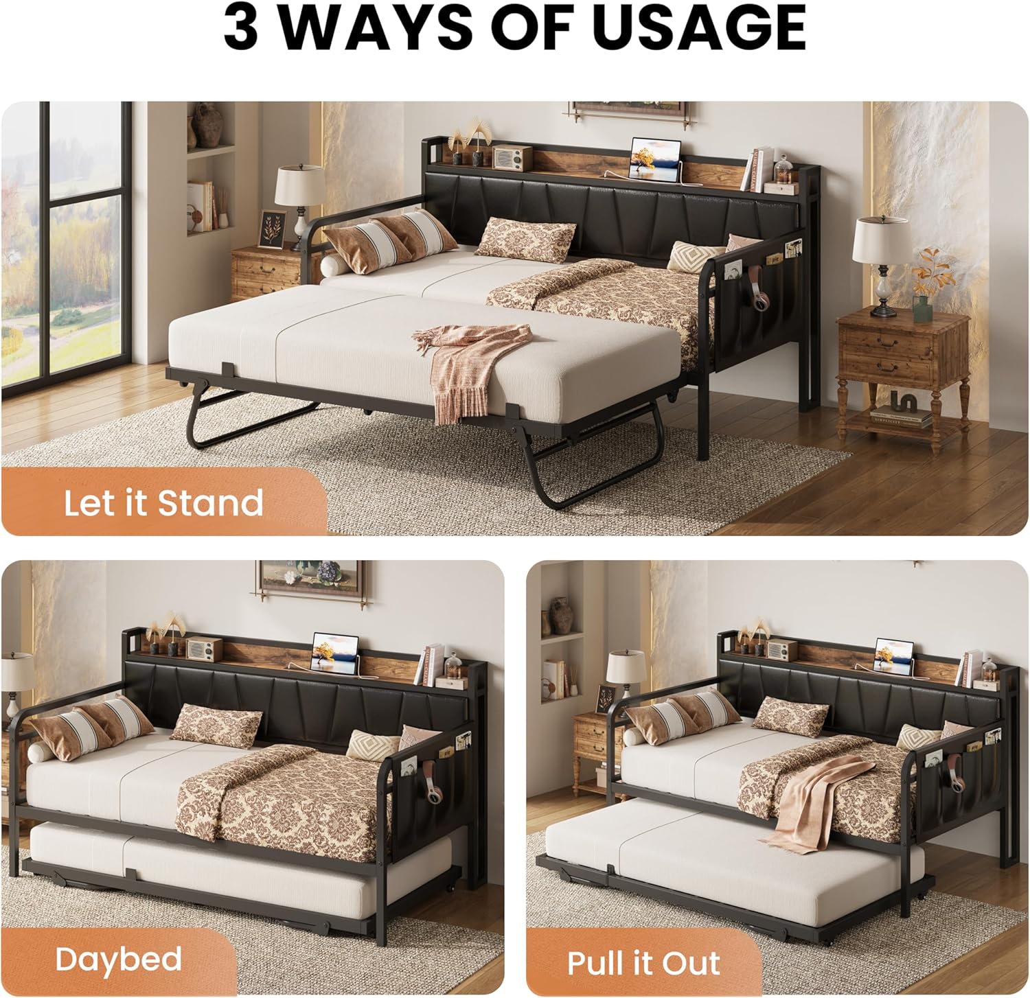Three images showing the LIKIMIO daybed in different configurations: as a single daybed, with the trundle pulled out as two twin beds, and with the trundle raised to form a king-size bed.