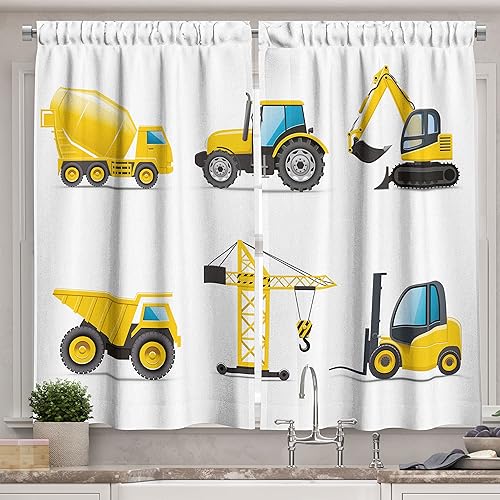 Miniatura 1 de Lunarable Cortinas de cocina para cuarto de bebé, estilo de dibujos animados, maquinaria pesada, camión, grúa, mezclador, construcción de tractor,