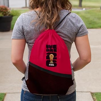 Red FIFA World Cup 2026 Drawstring Backsack Lightweight Backpack with Zippered Front Pocket and Official Logo Great for Travel or Everyday Use