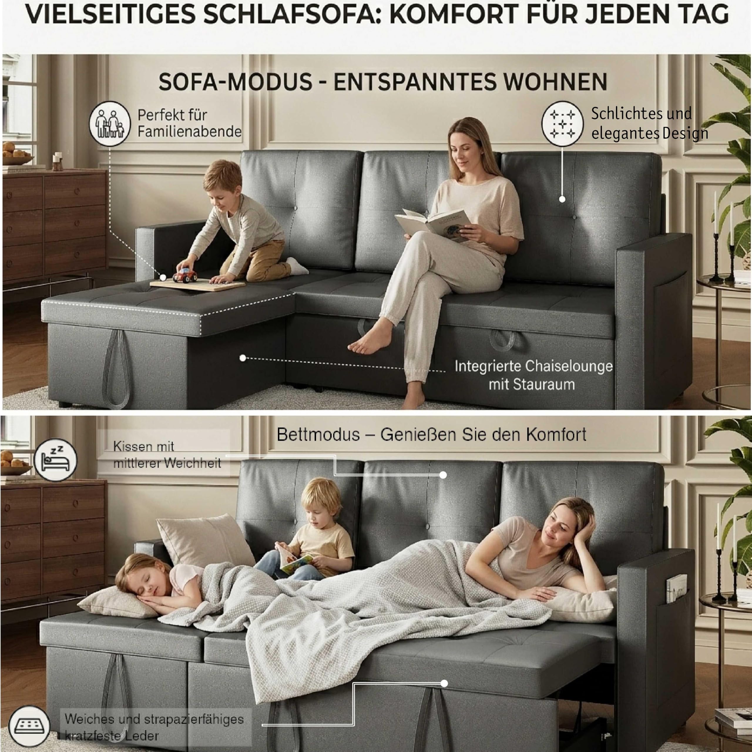 Eck-Schlafsofa 3-Sitzer mit Stauraum und praktischen Laufrollen Dunkelgrau | mit Geräuschlose Laufrollen und Integrierter Stauraum Katzenkratzfestes Kunstleder Dunkelgrau für Wohnzimmer
