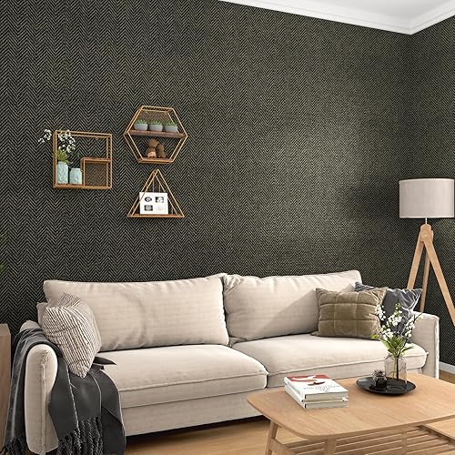 Miniatura 2 de WESTICK Papel adhesivo negro y dorado para paredes, autoadhesivo, para despegar y pegar, papel tapiz de tela texturizada, papel tapiz de espiga de