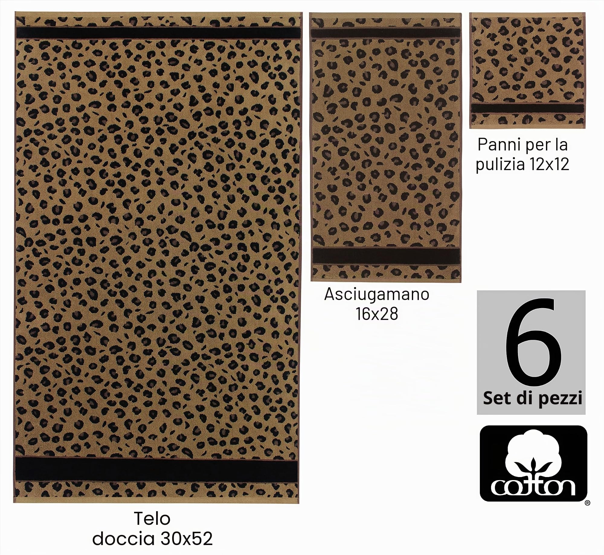 Cotton Craft - Set di 6 asciugamani da bagno con stampa animalier, 100% cotone jacquard, set di asciugamani decorativi, 2 asciugamani da bagno, 2 asciugamani per le mani, 2 salviette, super morbidi,
