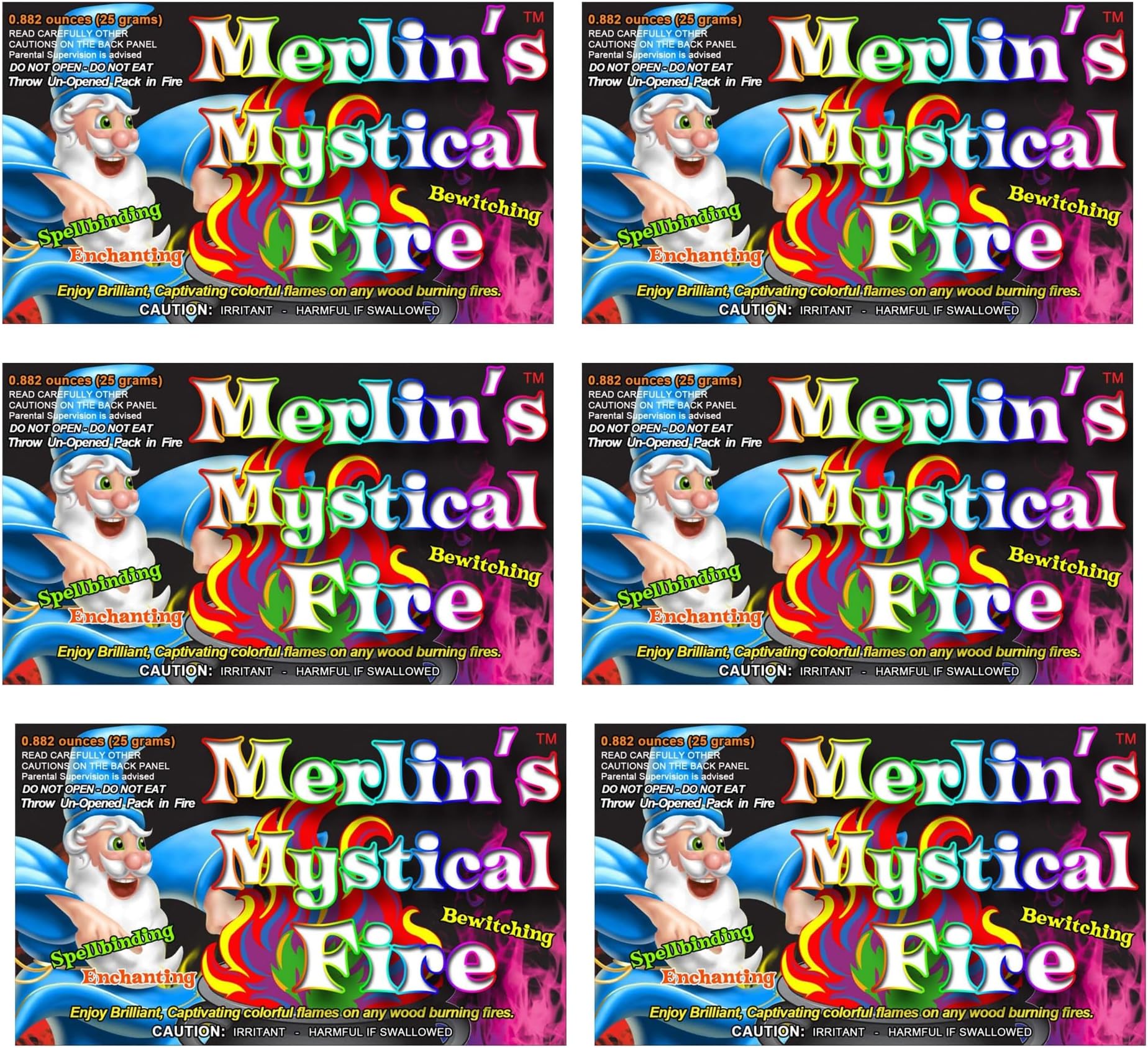 Merlin's Mystical Fire Color Changing Packets- Pack of 6, 0.882 oz Each- Long Lasting Enchanted Multi-Color Magical Flames- Flame Color Changer for Fire Pits & Outdoor Fireplaces- Campfire Accessories
