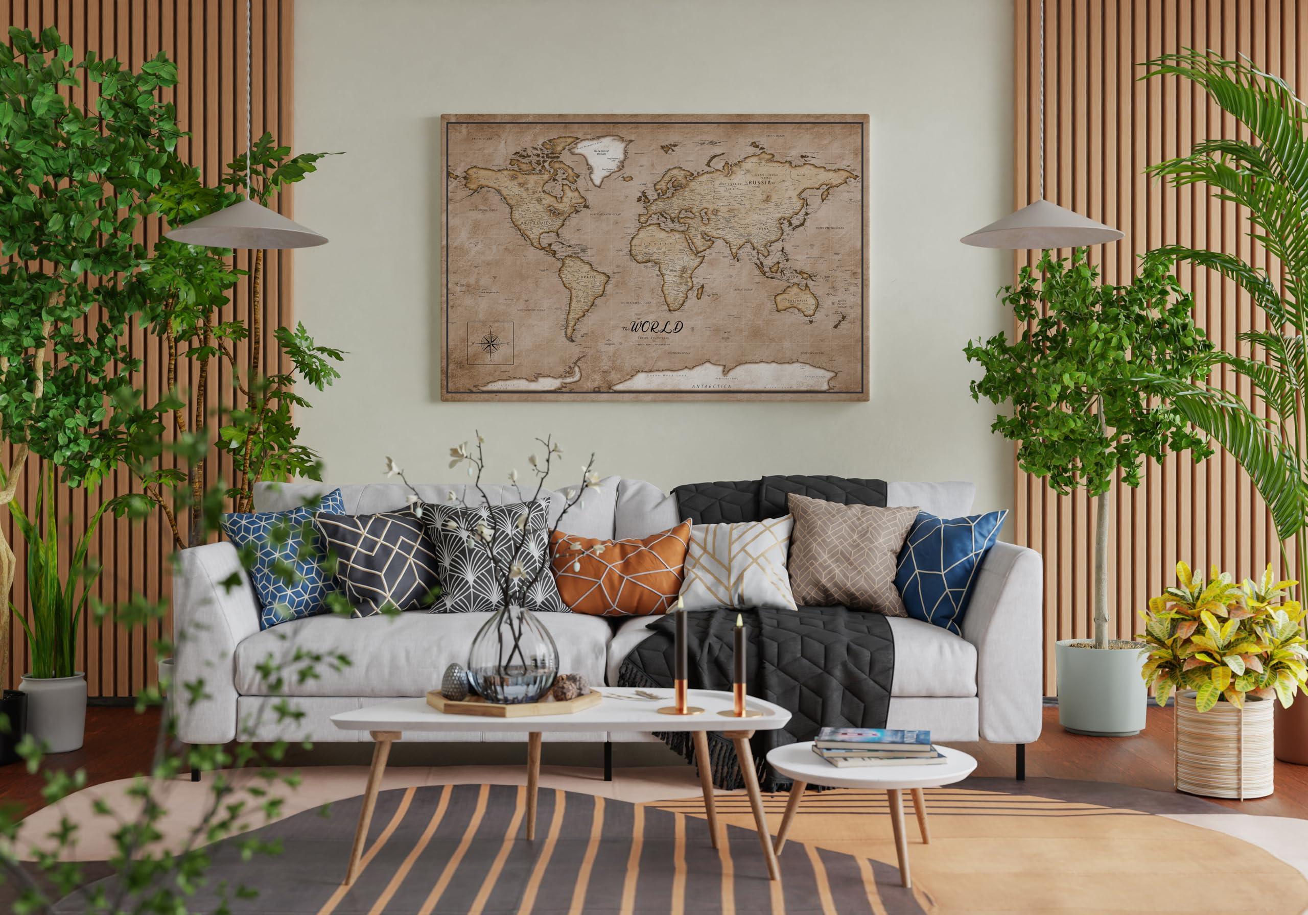 framed concept Spersonalizowana mapa świata z pinezkami 90 x 60 cm – tablica korkowa dla podróżujących, ręcznie wykonana dekoracja ścienna z 50 złotymi pinami – wyjątkowy pomysł na prezent