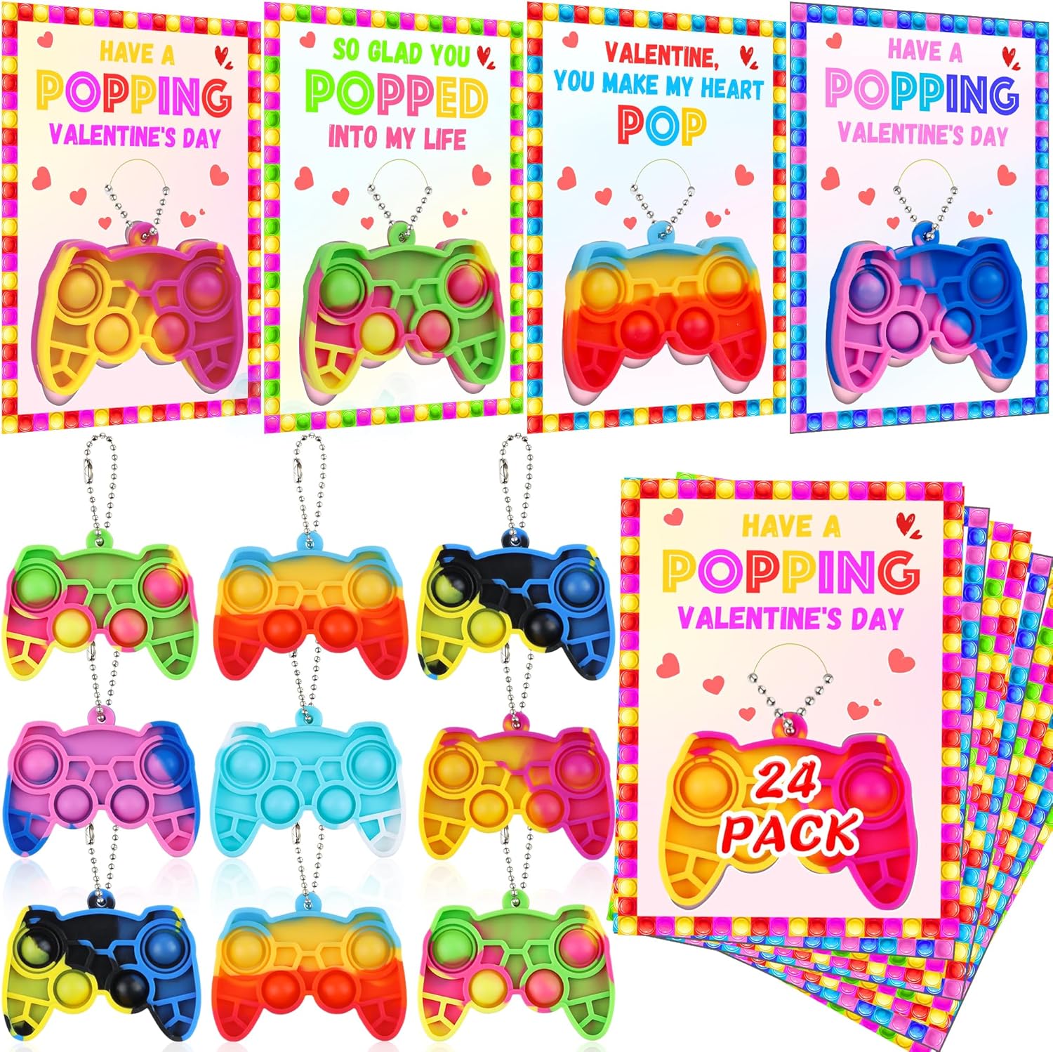 24 Pack Valentines Day Cards for Kids Classroom with Mini Pop Fidget Keychain Valentines Day Gifts for Kids School, Valentine Exchange Cards for Class Party Favors Set Toddlers Girls Boys