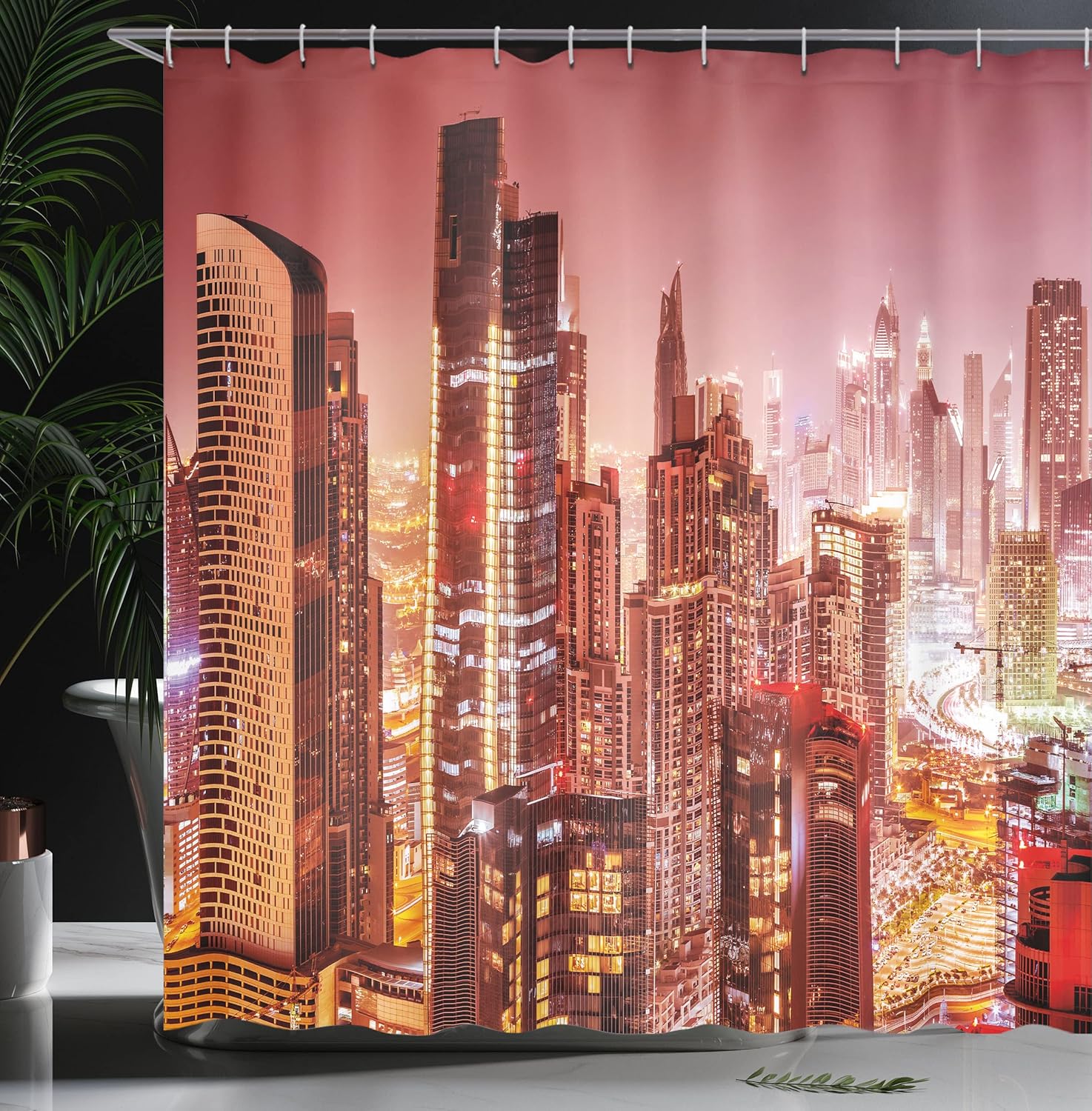 Ambesonne Cityscape Shower Curtain, Dubai at Night Cityscape with Tall Skyscrapers Panorama Picture Peninsula, Cloth Fabric Bathroom Decor Set with Hooks, 69" W x 70" L, Pink Ombre