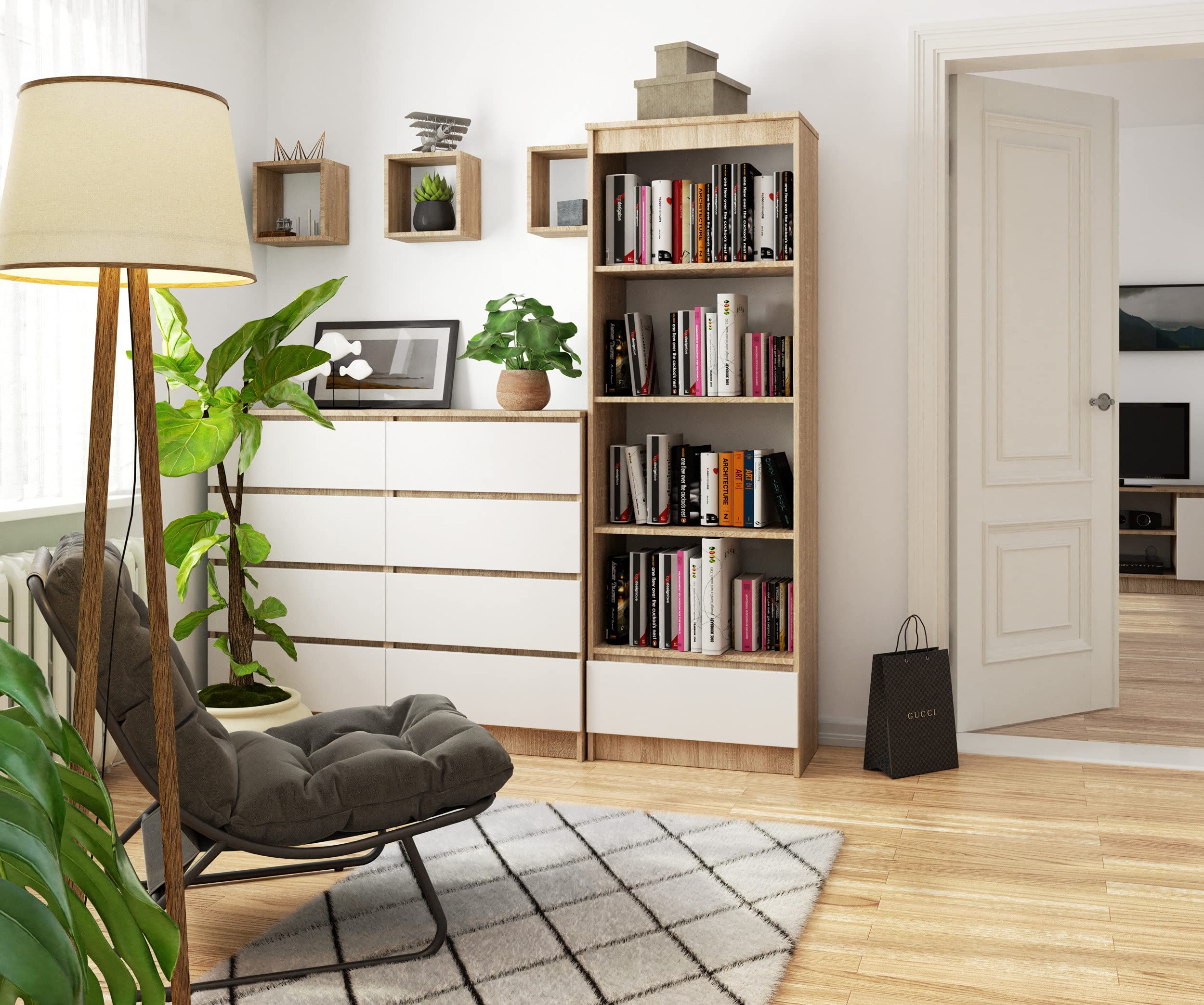 AKORD | Libreria per Ufficio 60 cm | Mobile con 1 Cassetto 4 Ripiani | Porta Libri | Mobiletto Camera de Letto | Scaffale Soggiorno | Salvaspazio | Eiken Sonoma/Wit