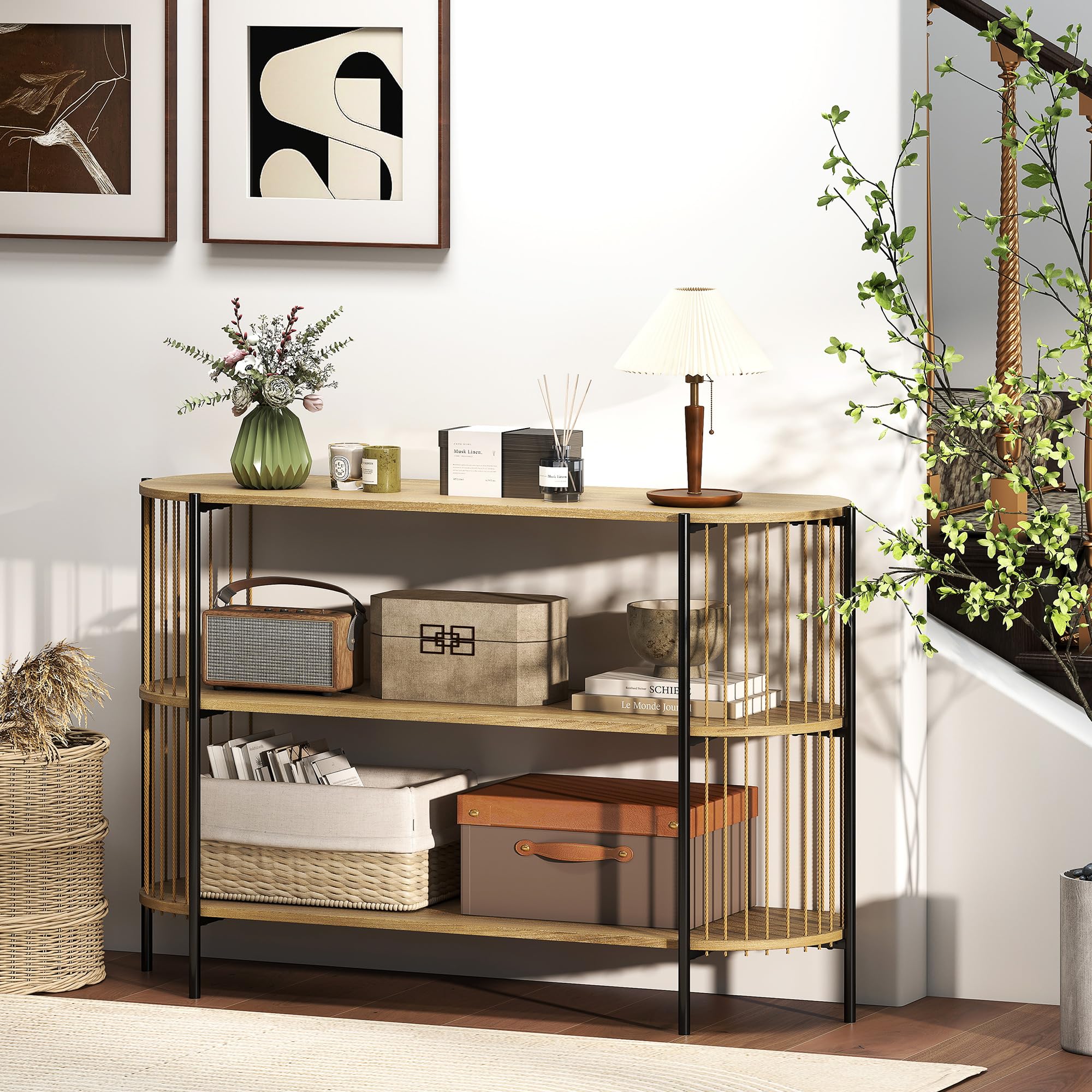 HOMCOM Mesa de Consola Consola Recibidor 124x43,5x80 cm Natural | Cuerda de Papel Trenzada a Mano, 3 Niveles, Marco de Acero, Estilo Bohemio, para Entrada Sala de Estar