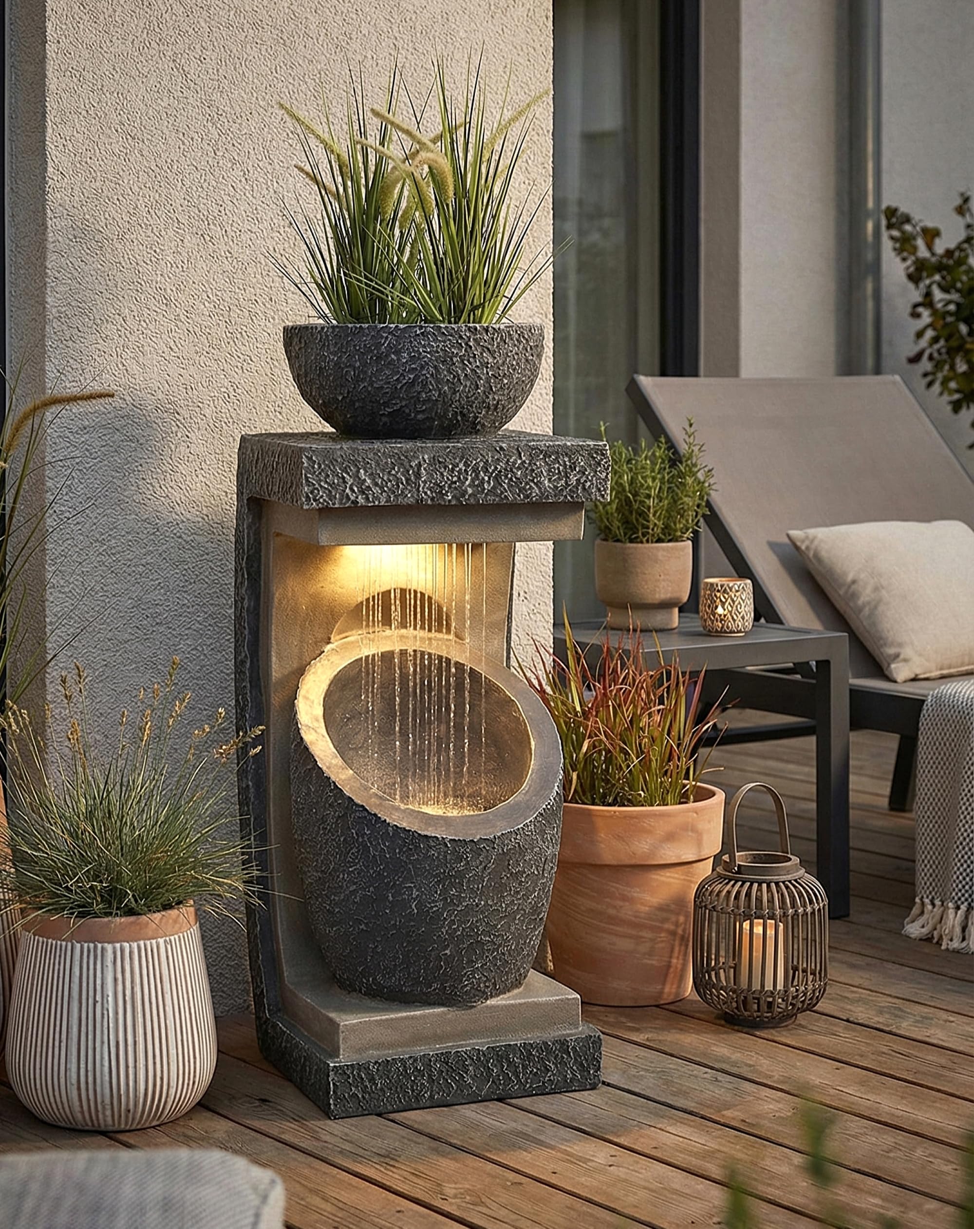 Fuente de jardín con iluminación LED Win 30, fuente de plantación moderna, decoración de jardín, imitación de piedra, 81 cm