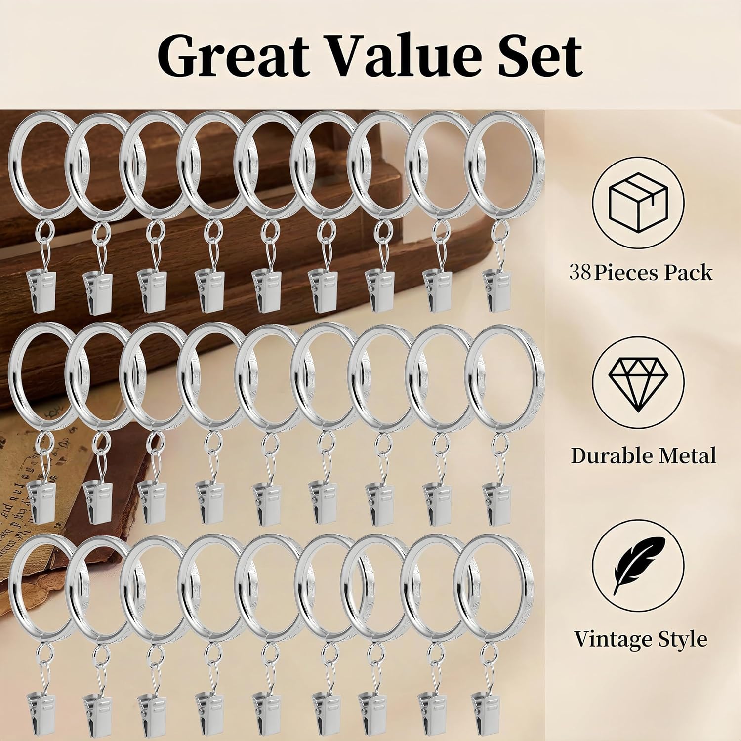 38 Pack Satin Nickel Curtain Rings with Clips 1.25 Inch, Rustproof Metal Quiet Glide Dual Use Curtain Hangers, Fits 1.0-1.2 Inch Curtain Rods